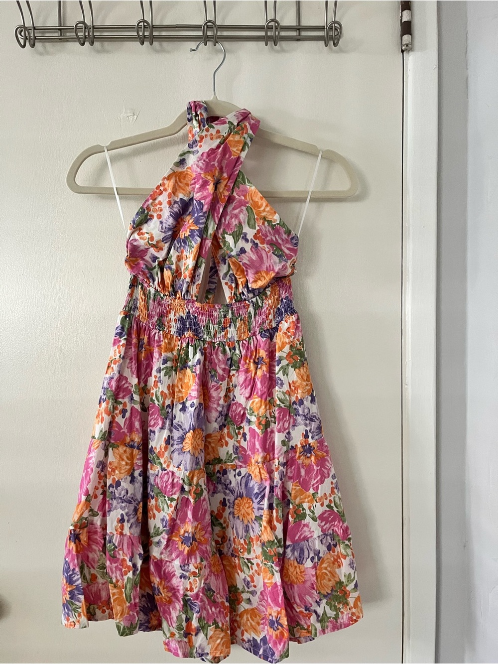 Hello Molly Floral Backless Halter Dress in Pink, Orange & Purple